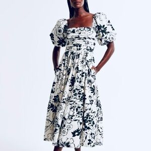 Abercrombie & Fitch Black And White Poplin Puff Sleeve Midi Dress Size Medium